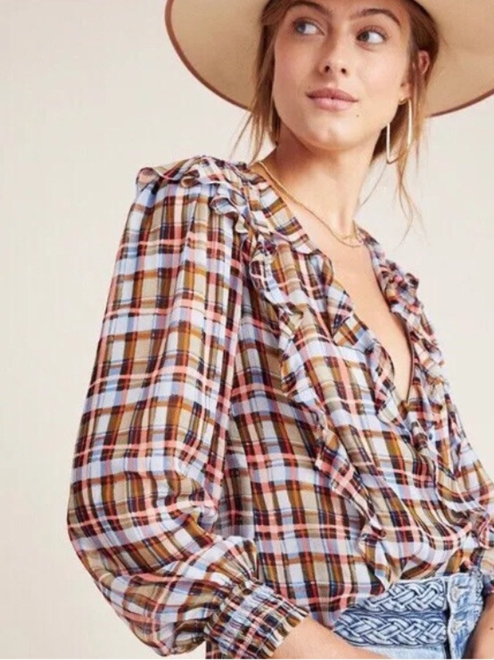Anthropologie Maeve Laila Prairie Plaid Wrap Blouse Size 10P